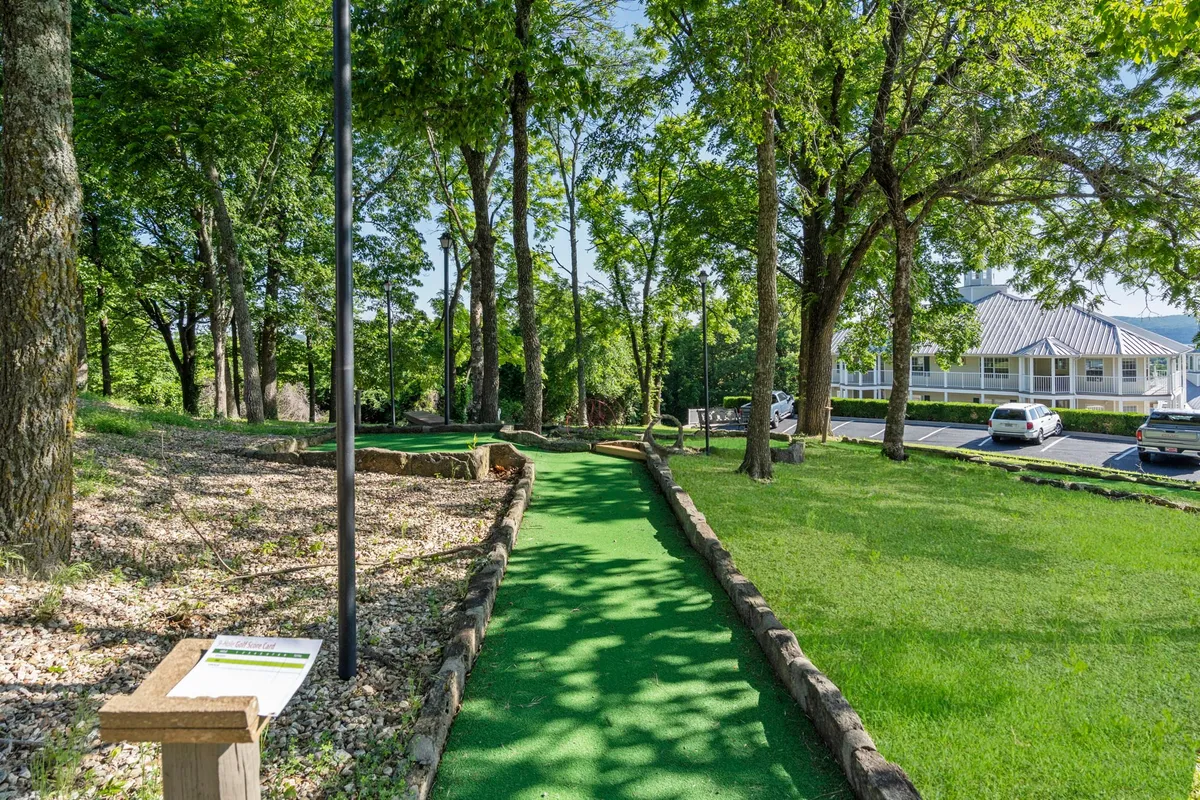 A playful scene of a mini-golf pathway winding through lush greenery and shaded by tall trees. The inviting setup hints at friendly games and relaxing walks surrounded by nature.